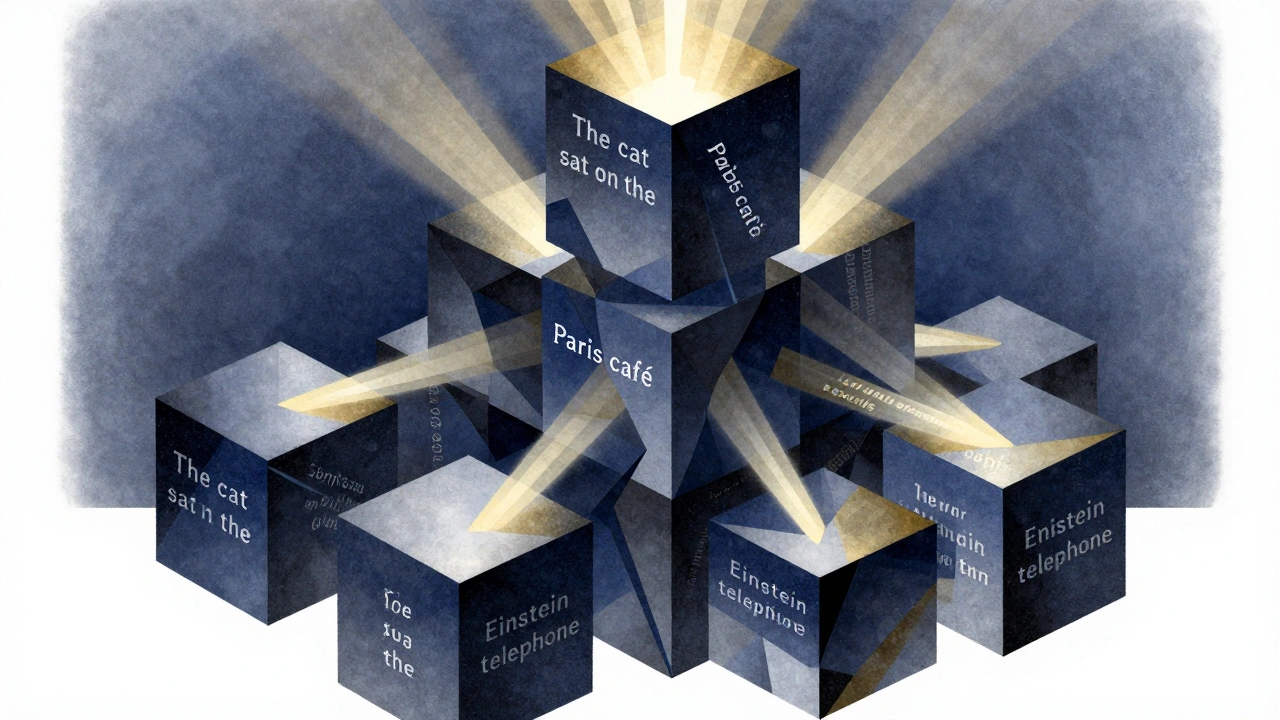 Neural network as a collapsing tower of cubes containing text fragments from training data.