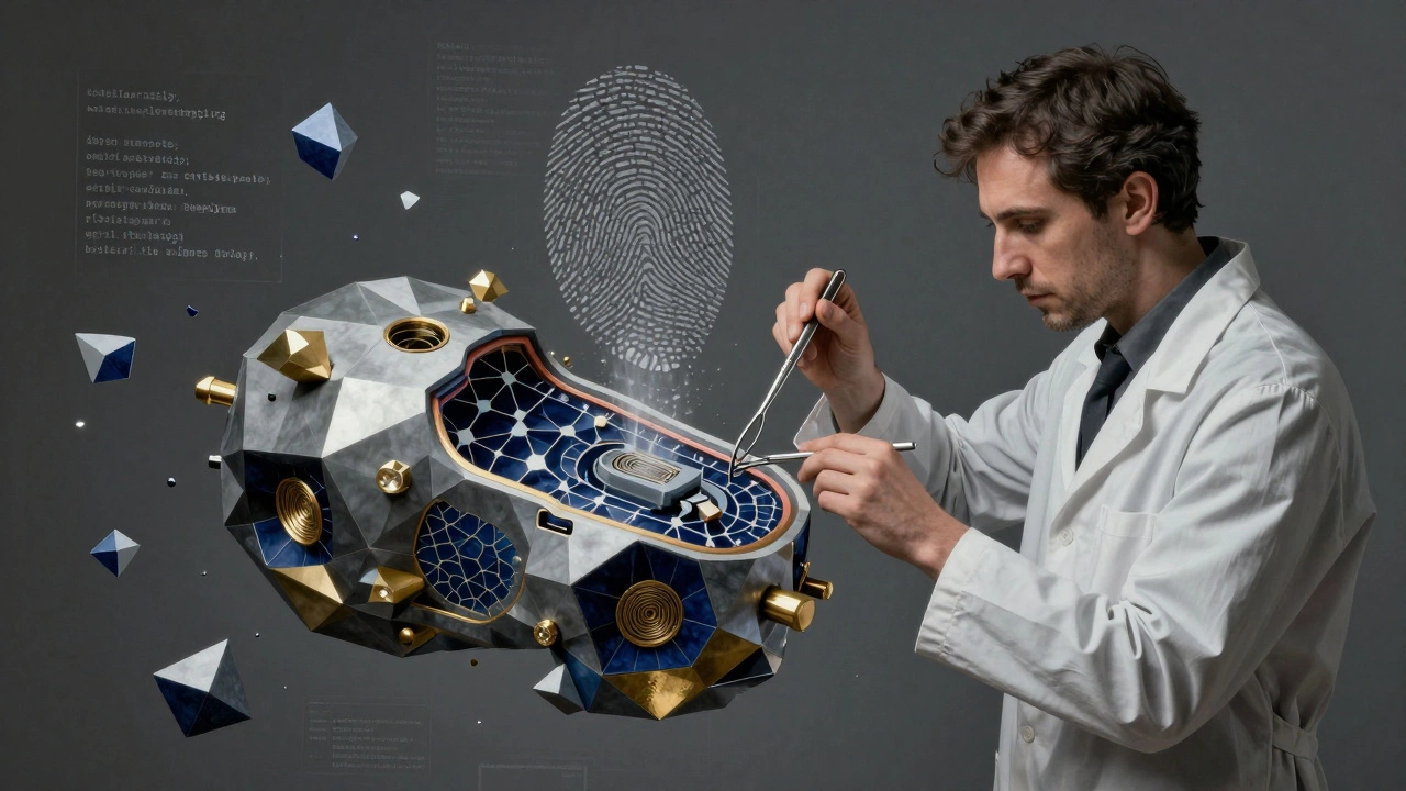 Scientist dissecting an LLM model revealing hidden fingerprint patterns