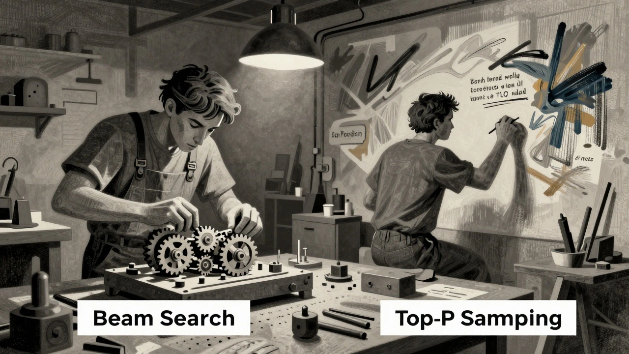 Two artisans in a workshop, one building a precise device, the other painting text art, symbolizing decoding choices.