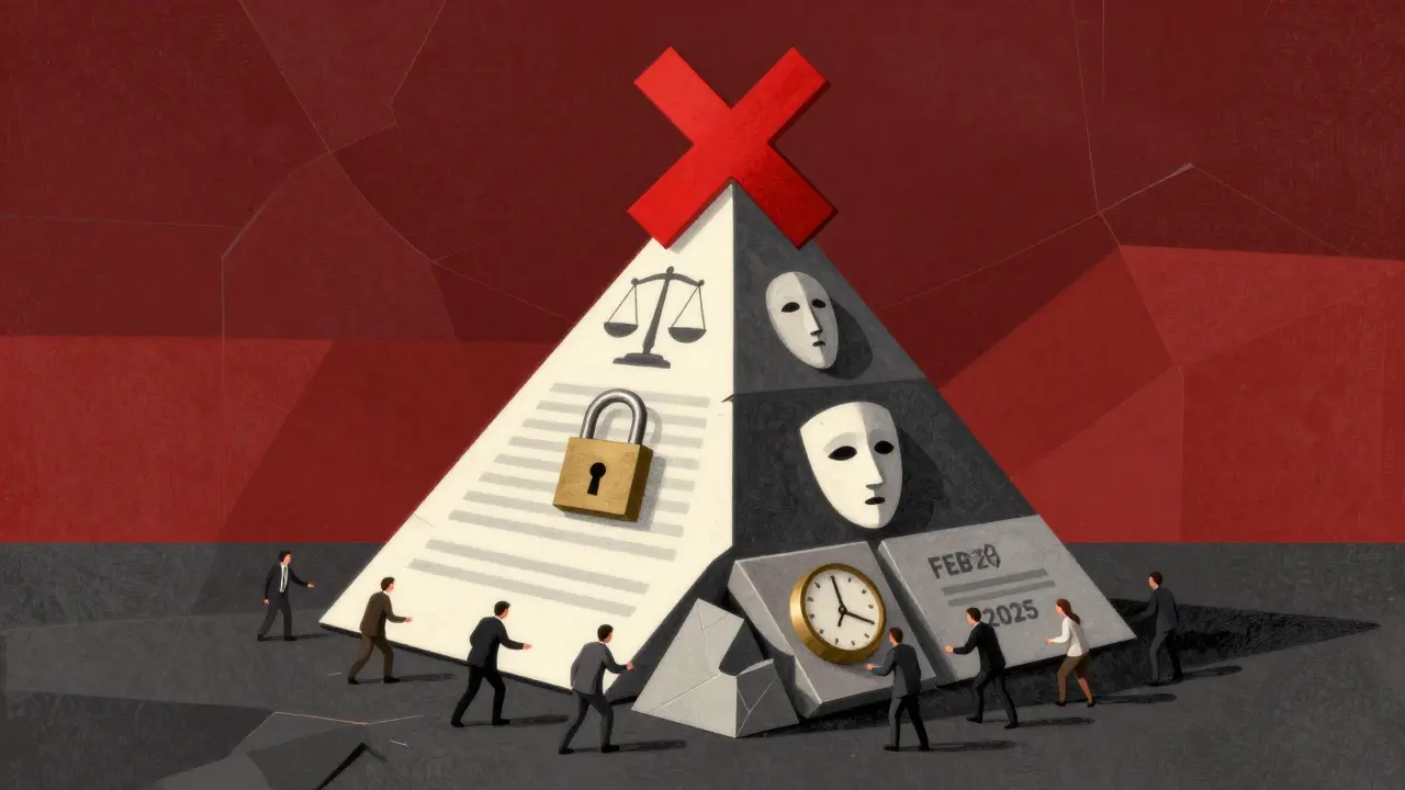 A pyramid-like legal document with symbols of fairness, security, and bias, under a looming red X.