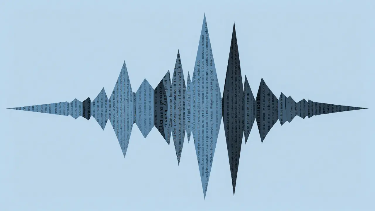 Abstract Cubist audio wave with concealed text piercing serene sky