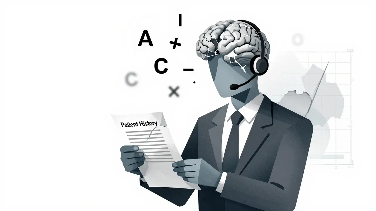 Angled, fractured figure of a customer service agent with a crumbling document and a broken AI brain above.