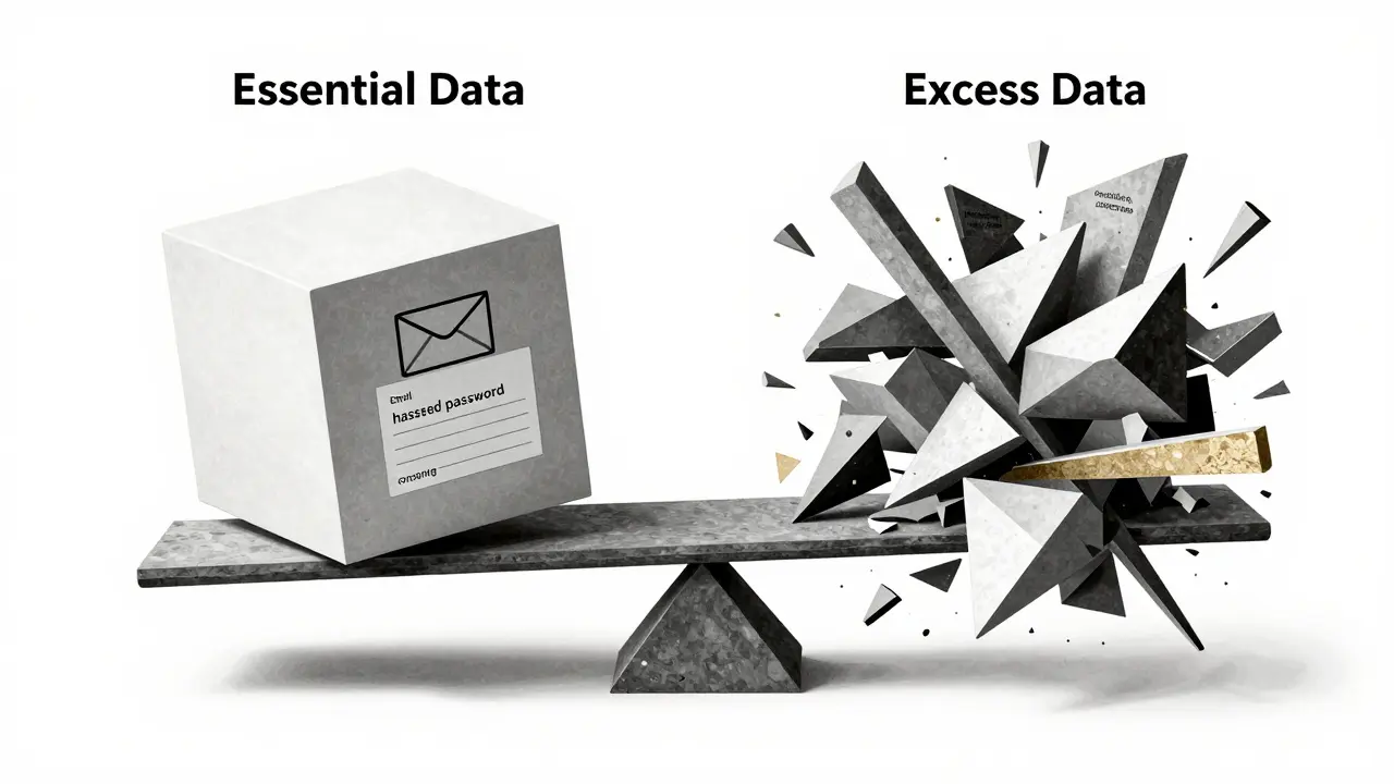 Balance scale with minimal essential data vs. chaotic excess data in cubist form