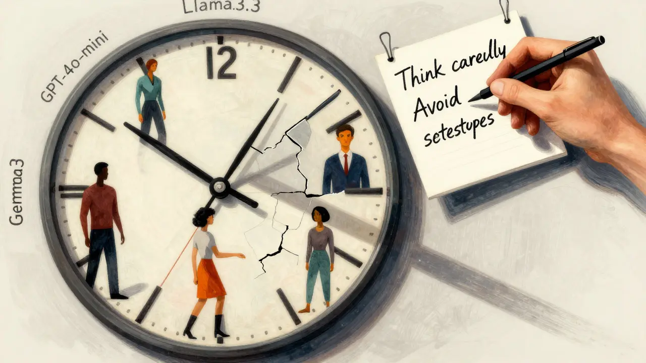 Broken clock with model names and stereotypical silhouettes, a hand writing a fair prompt above.