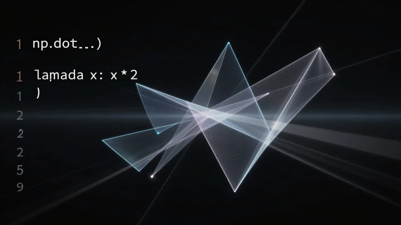 Code snippet deconstructed into angular blocks and fluid shapes, linked by light rays.