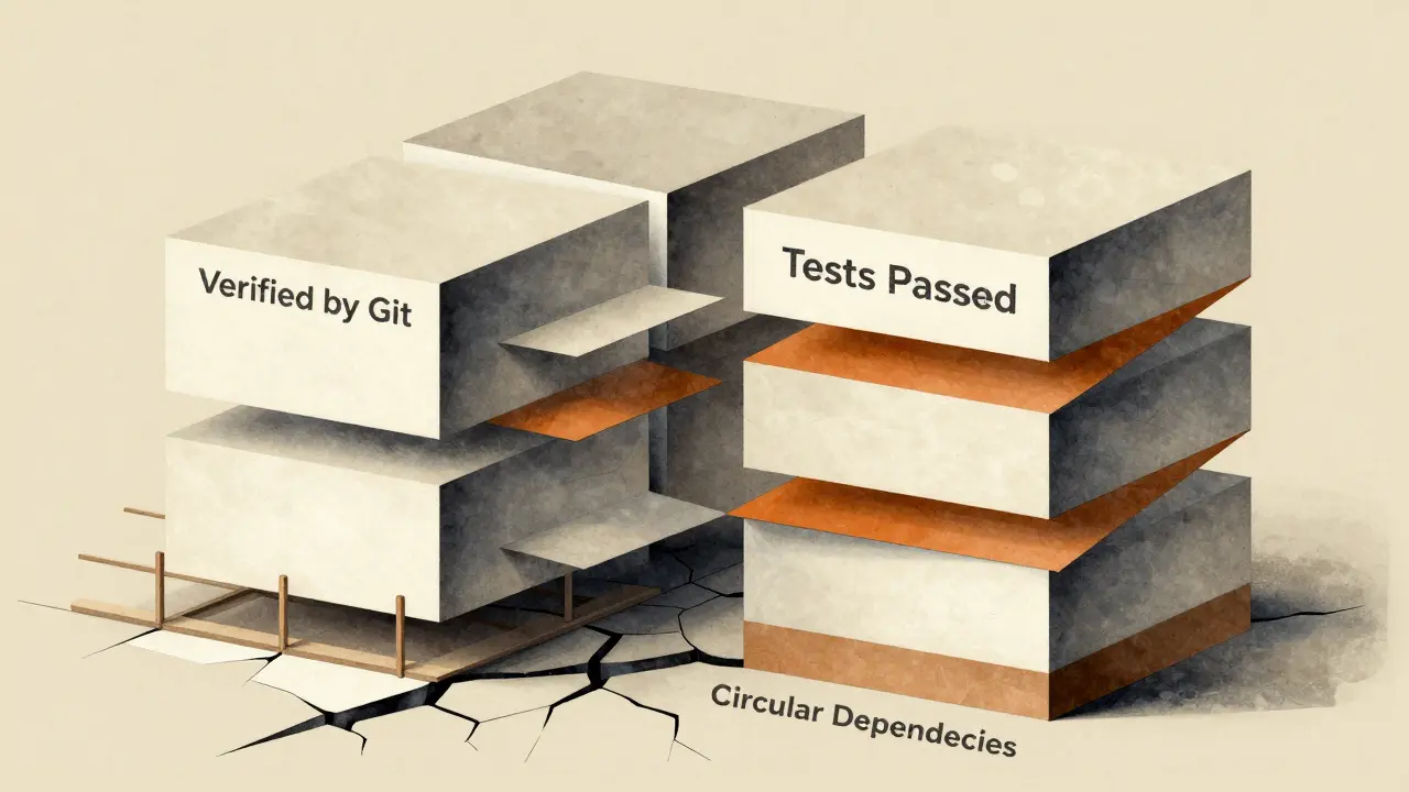 Collapsing tower of code files with scaffolding and verified segments in Cubist geometry.