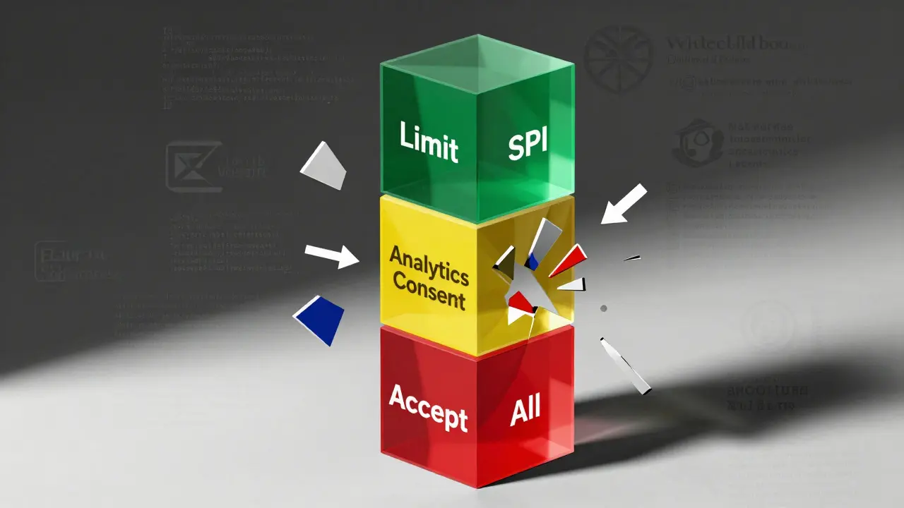 Collapsing tower of consent cubes with color-coded layers showing user choices and withdrawal pathways.