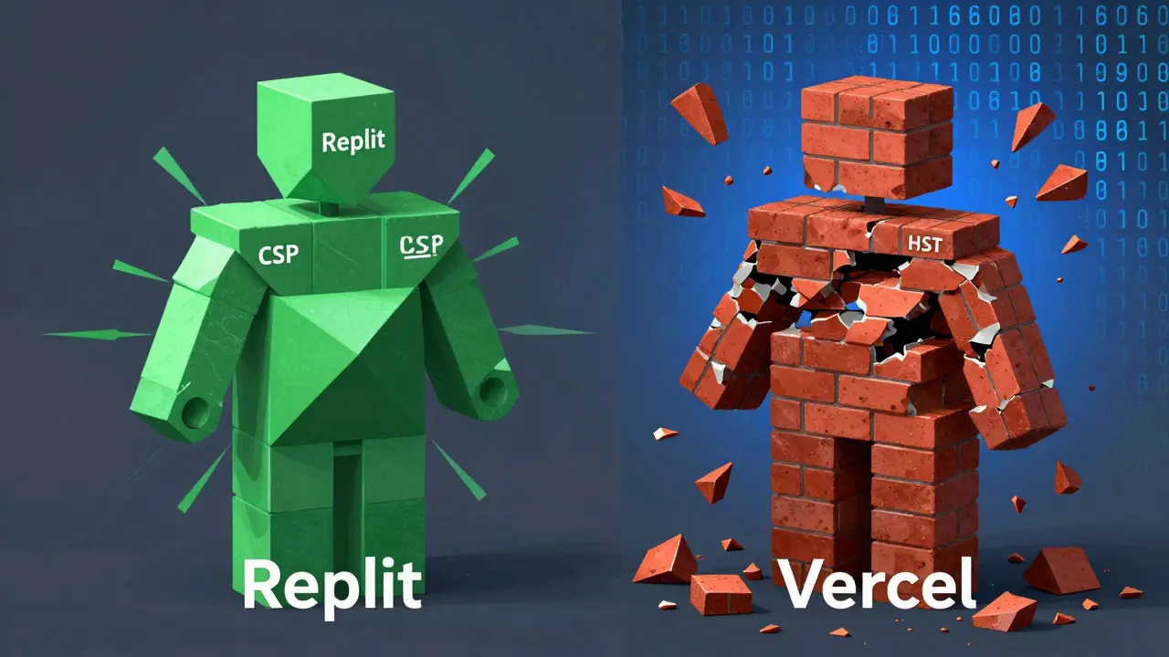 Contrasting Cubist figures of Replit (secure) and Vercel (insecure) with geometric shields and crumbling bricks.