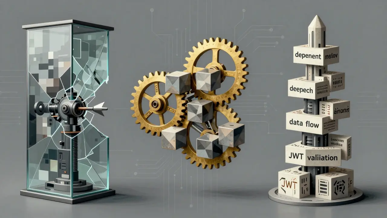 Cubist mechanical collage representing a vision-language model’s vision encoder, projector, and decoder layers.