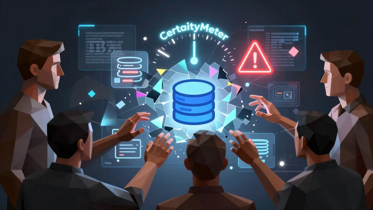 Cubist scene of a team interacting with fragmented AI-generated architecture elements and a confidence dial.