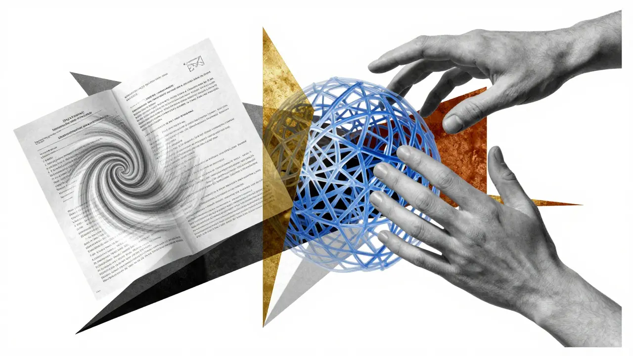 Deconstructed AI model with training data, synthetic outputs, and human intervention in abstract planes.