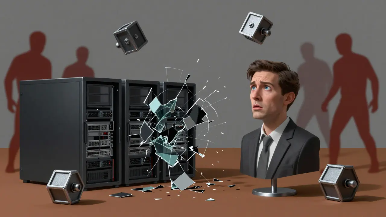 Deconstructed server room with floating model weights and shadowy attackers in Cubist style.