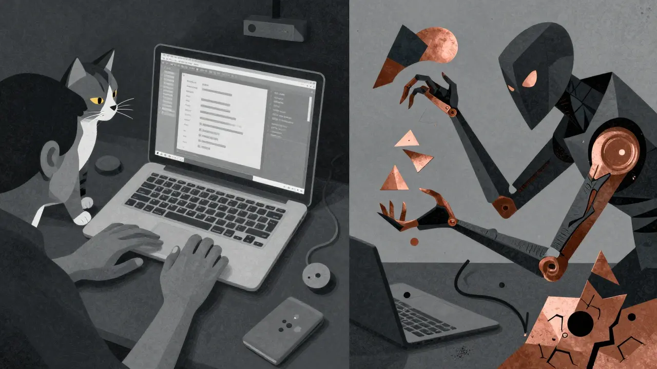 Deconstructed tools in overlapping planes, one side controlled by a developer, the other by a rogue agent.