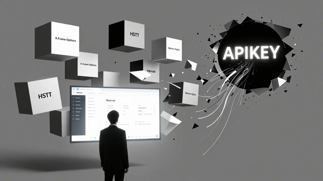 Developer facing a Vercel dashboard as security headers dissolve into abstract cubes and a data-sucking API key hole.