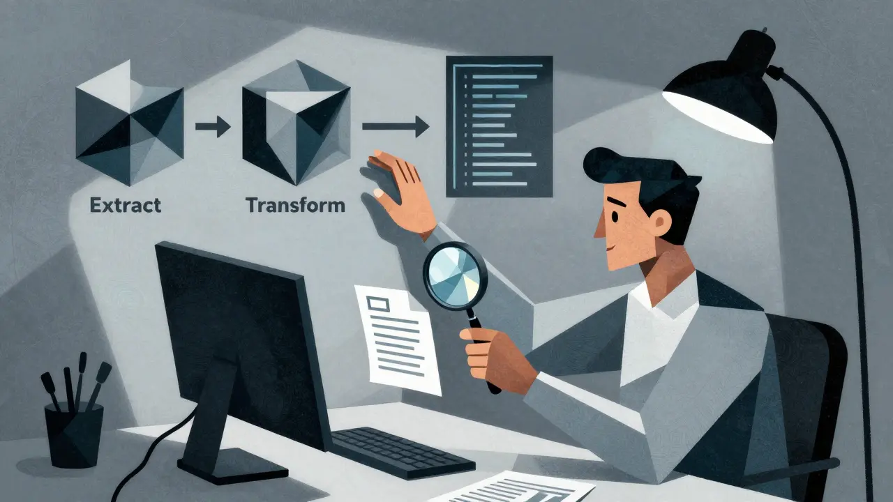 Developer with faceted body analyzing floating code diffs in a Cubist workspace.