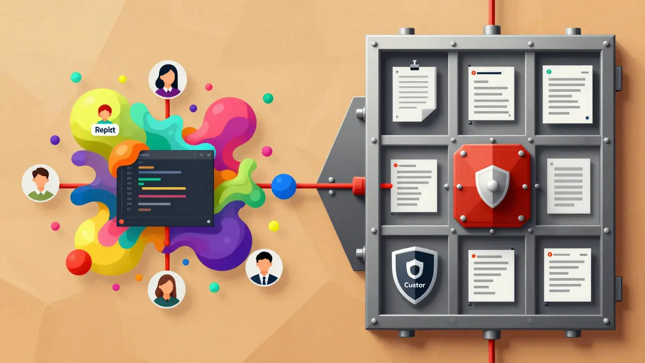 Diverging workflows: chaotic collaboration vs. structured, secure code review in Cubist form.