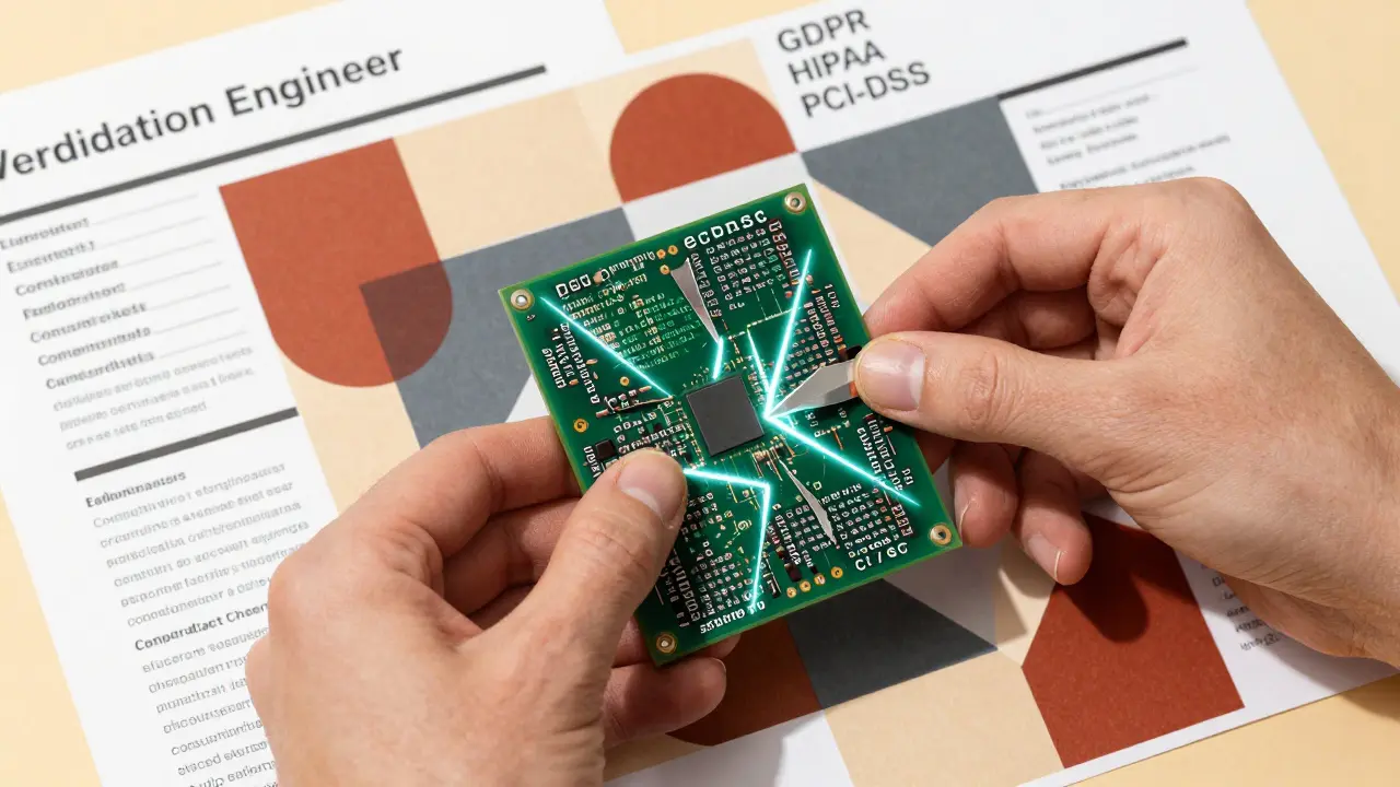 Engineer's hands breaking apart AI code into geometric shards labeled with security risks.