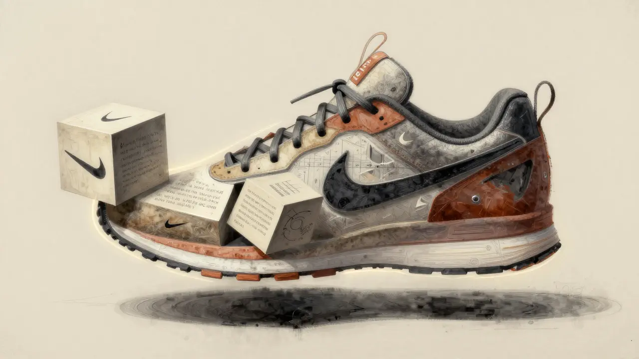 Floating running shoe dissected into cubist planes revealing marketing layers and AI style transfer.