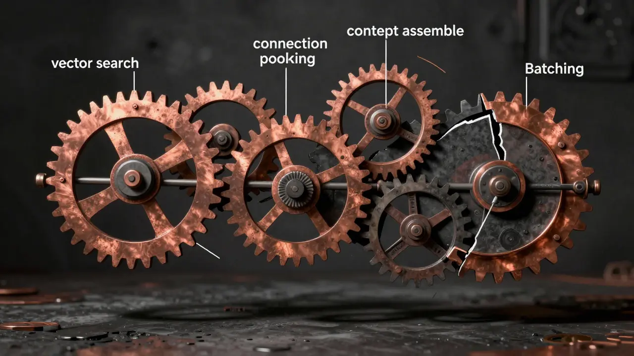 Fractured mechanical clock symbolizing RAG pipeline components, one gear frozen in latency.