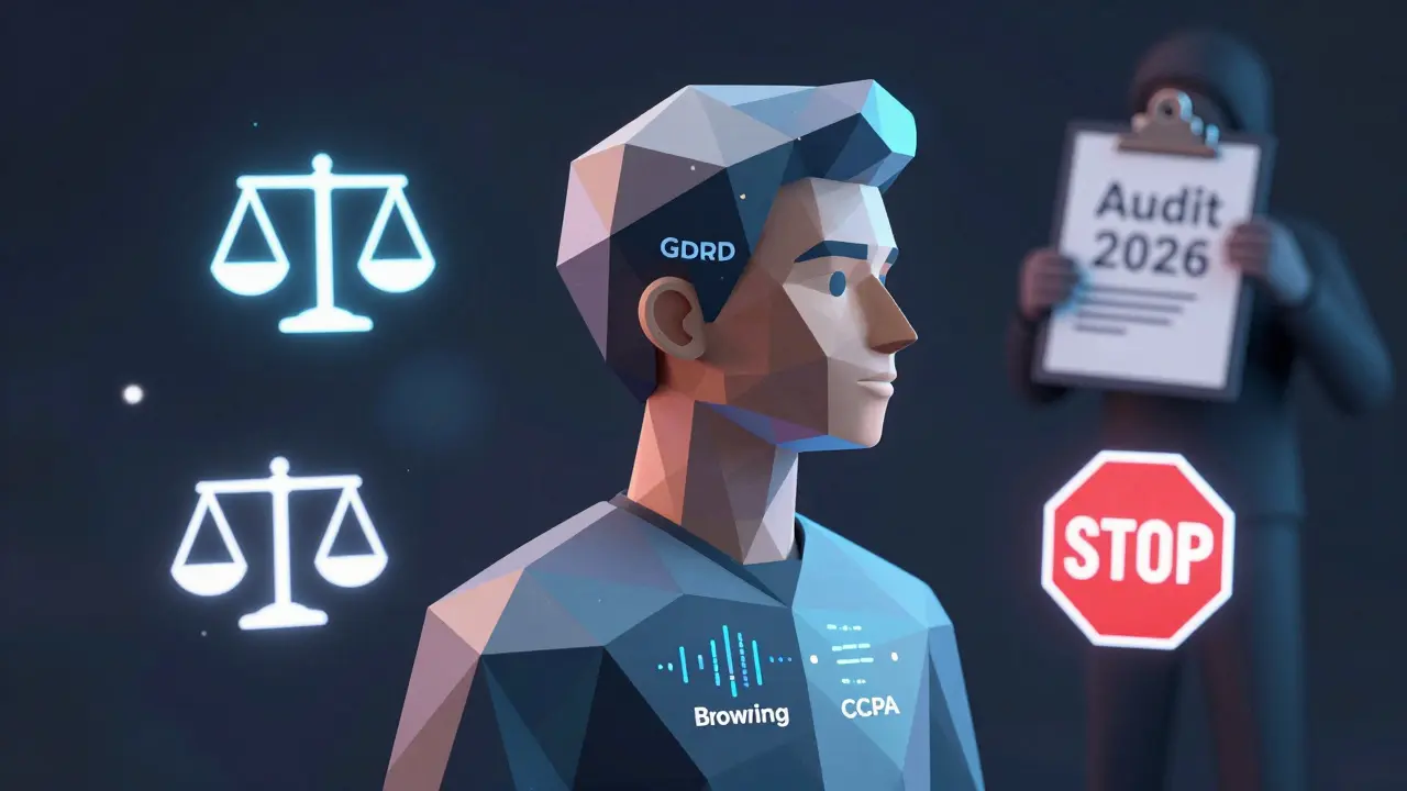 Fragmented human form made of data types, surrounded by legal symbols representing GDPR and CCPA compliance.