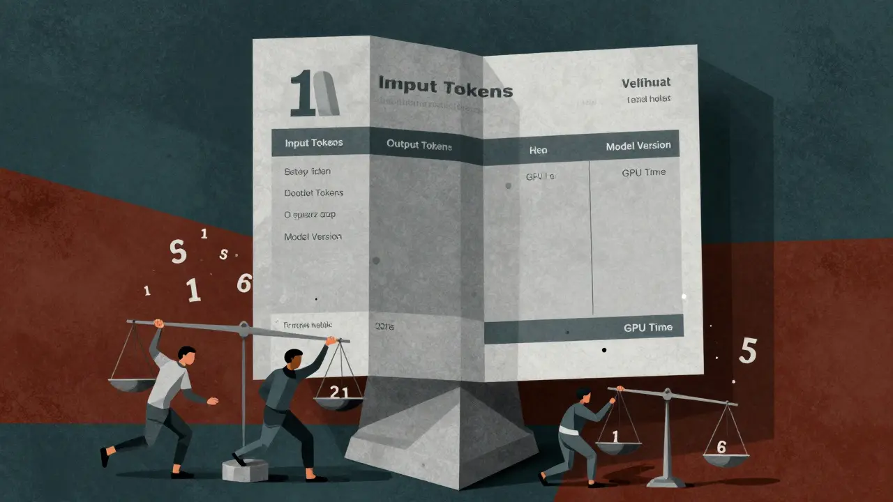 Fragmented invoice tower with human figures struggling to balance cost components in industrial Cubist style.