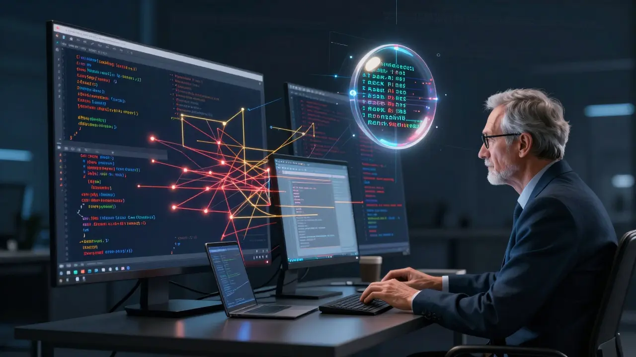 Geometric breakdown of a codebase with AI analyzing interconnected function dependencies.