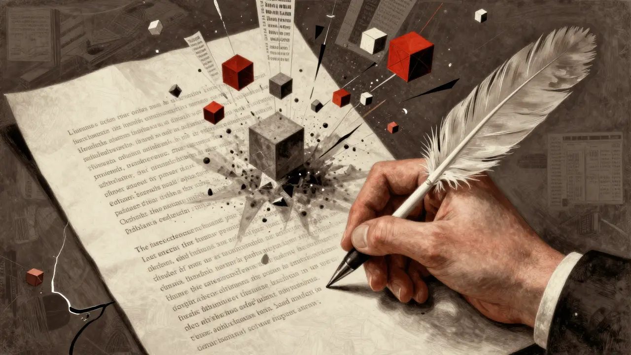 Hand writing a precise legal prompt as chaotic data dissolves into cubes