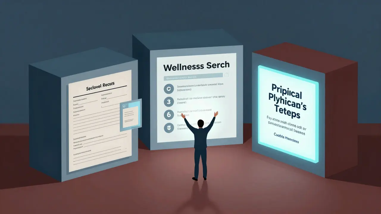 Healthcare patient's journey as abstract cubes emitting a therapy subscription offer.