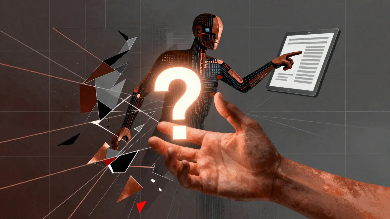 Human hand reaching for a question mark while an AI figure points to a false medical diagnosis in fragmented planes.