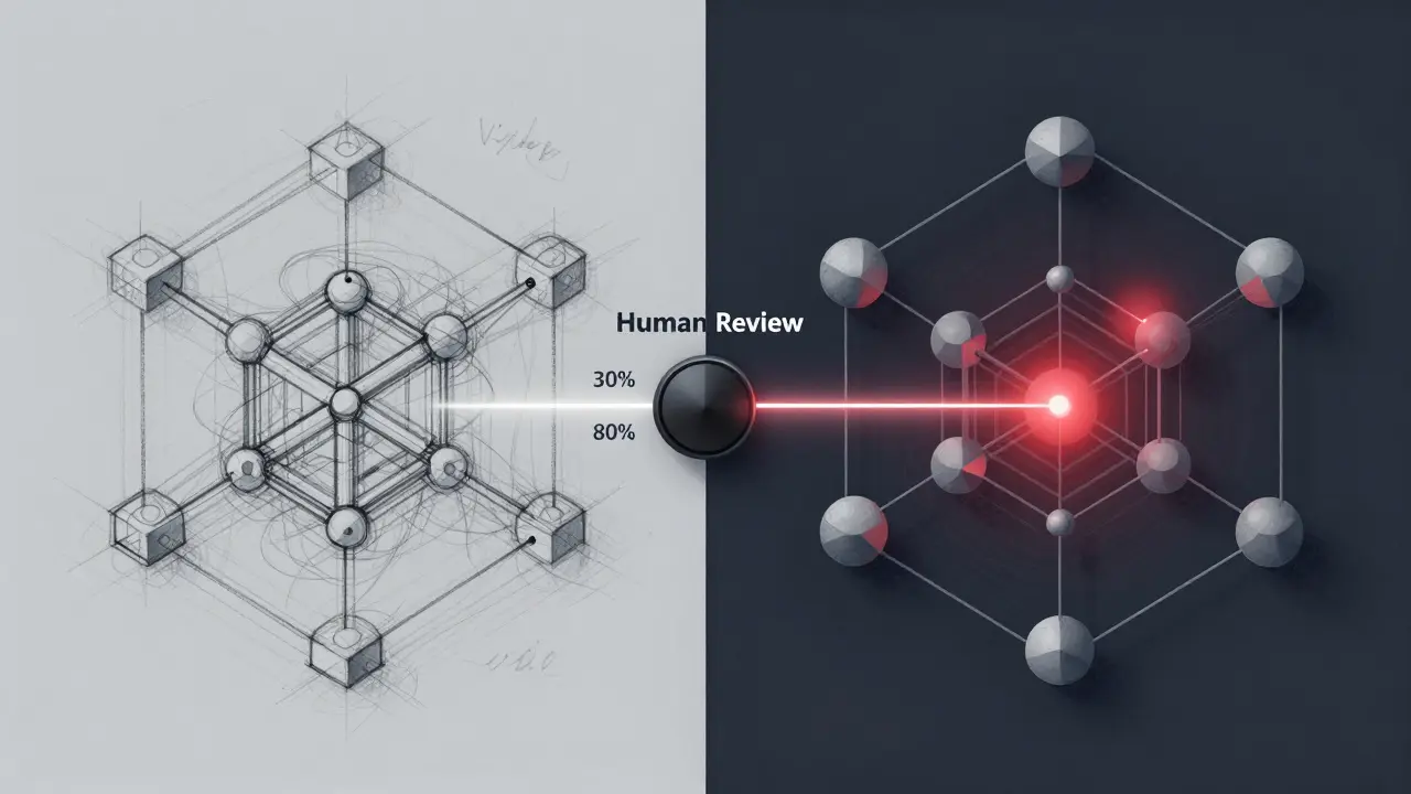 Hybrid workflow: sketchpad and agentic system split by a sliding autonomy dial, connected by a glowing human review thread.