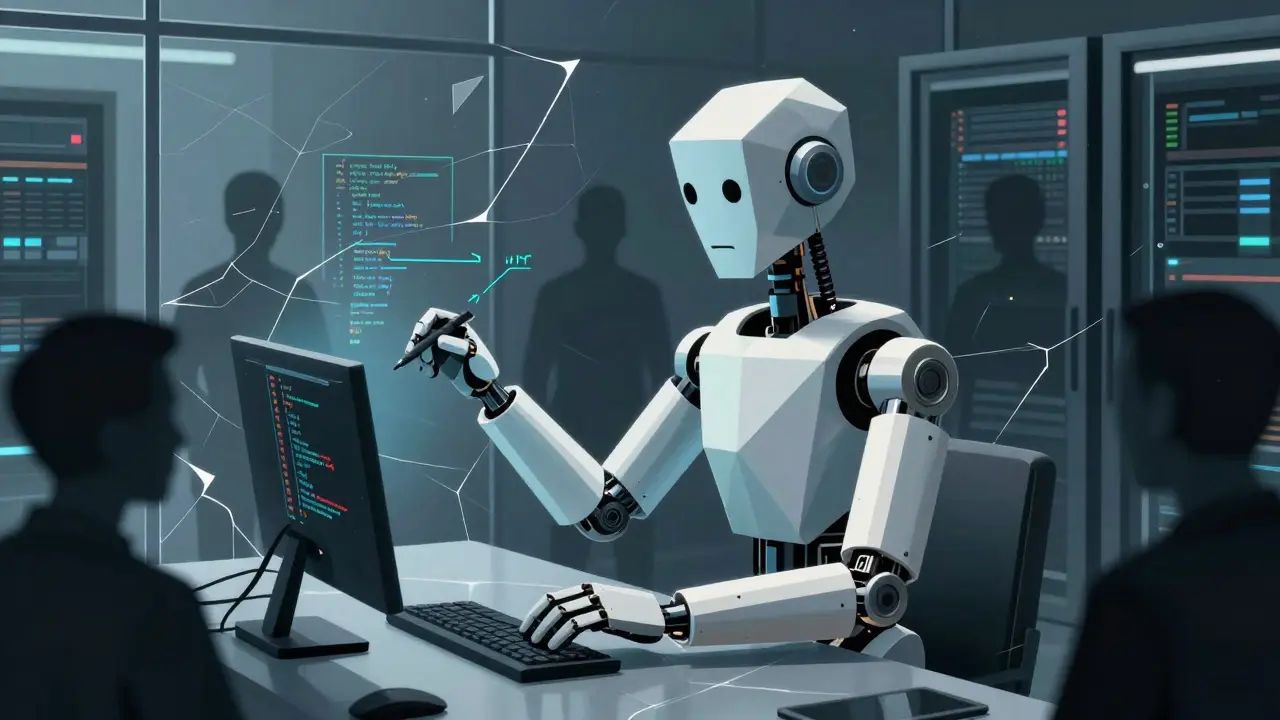 Mechanical AI agent with multiple arms working autonomously in a fractured server environment, watched by obscured human figures.