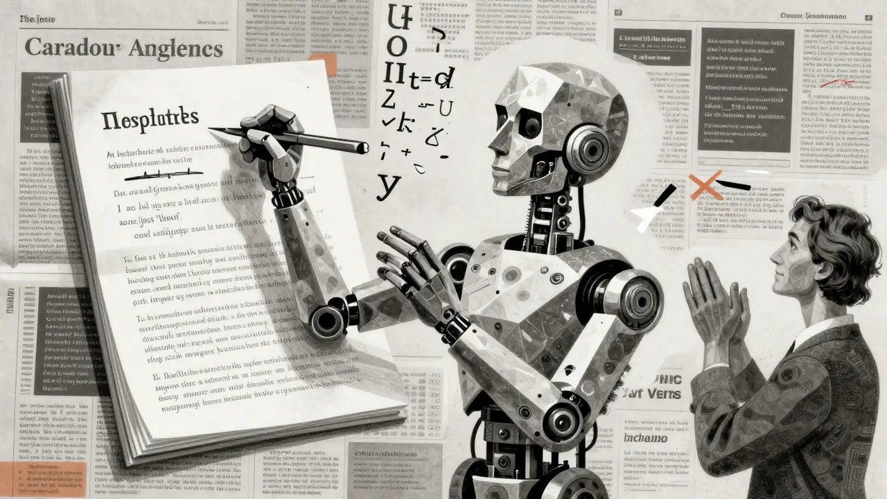 Mechanical LLM with one arm writing, another critiquing, and a third applauding in fragmented style.