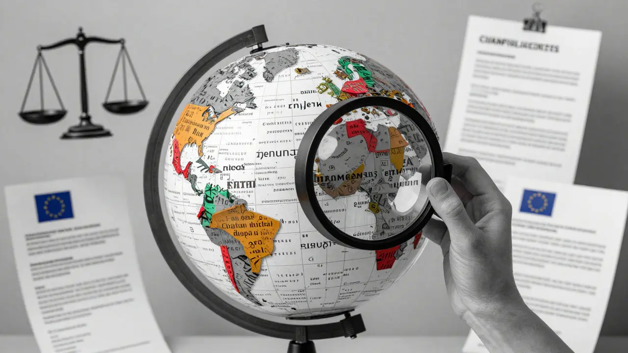 Multilingual globe analyzed by a safety lens, with risk zones in angular Cubist forms and regulatory scales.