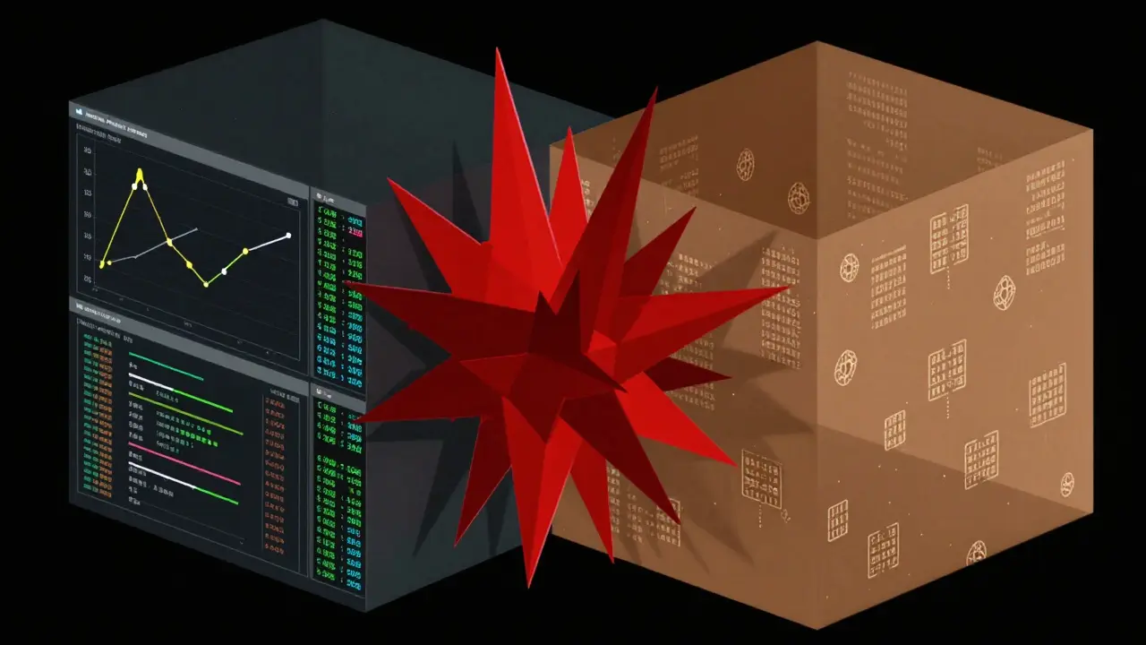 Overlapping cuboid panels showing AI telemetry streams and adversarial inputs in angular forms.