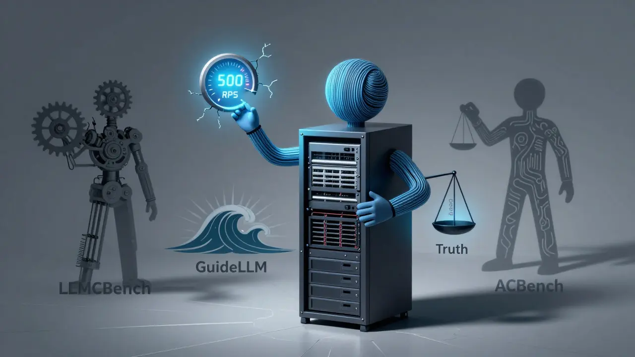 Server rack as a cubist figure with code limbs, cracking performance gauge, and three distinct shadow benchmarks.