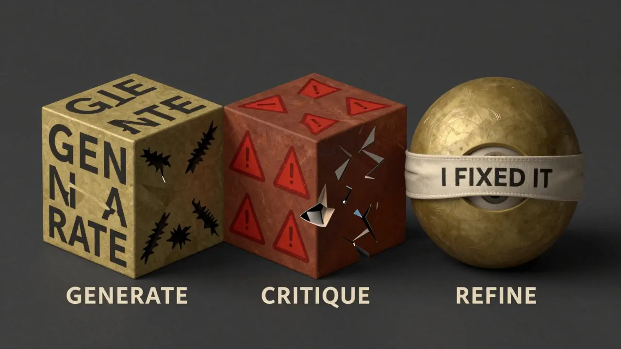 Three interlocking cubes representing generate, critique, refine — one blindfolded by false confidence.