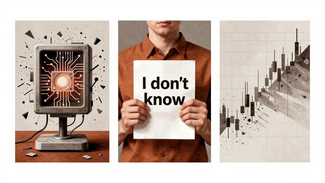 Three-panel Cubist scene showing AI failure, patient receiving uncertainty, and financial data dissolving into geometric dust.