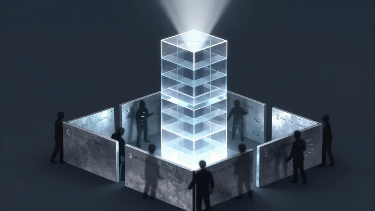 Towering microVM structure with barriers blocking shadowy attackers, illuminated by a single beam of light.