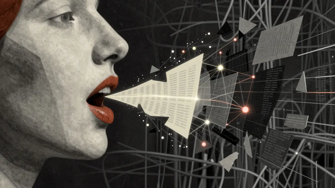 Voice assistant interface breaking into angular shards of speech, data, and streaming tokens.