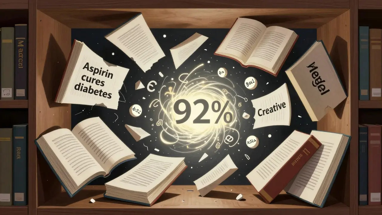 A collapsing bookshelf of knowledge with accurate and hallucinated facts rendered in angular Cubist forms.