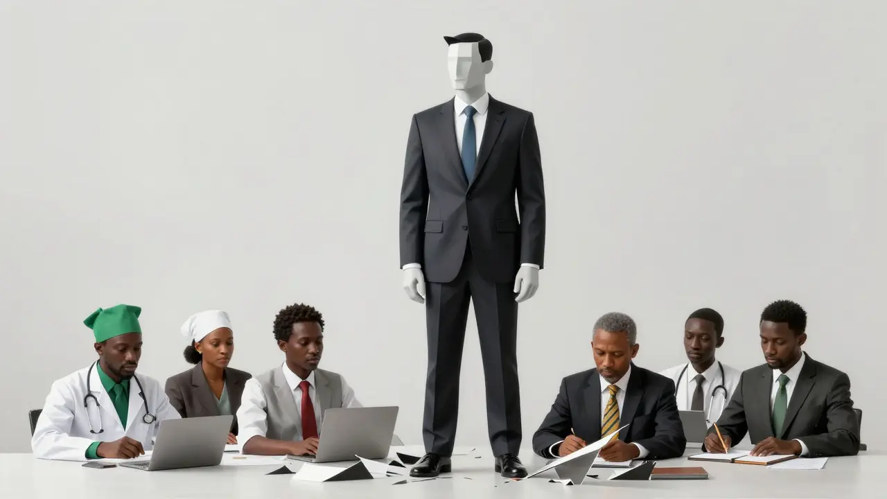 A Cubist CEO figure made of sharp white tones, with shattered scenes of global professionals obscured beneath, showing AI's Western-centric stereotyping.