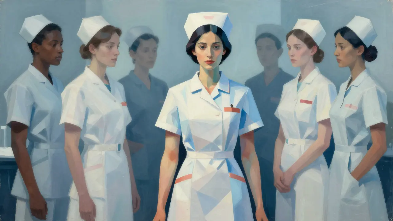 A geometric Cubist image of a female nurse surrounded by ghostly male and non-white nurse silhouettes, highlighting gender and racial occupational bias.