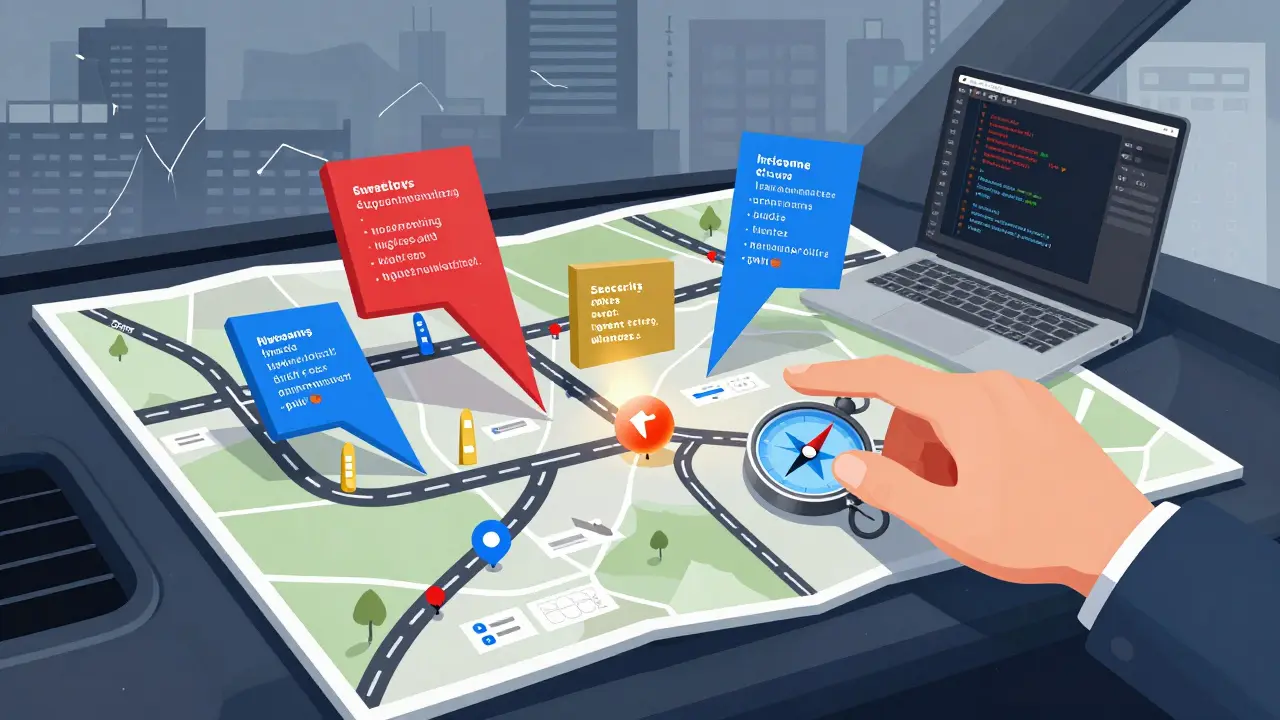 A map transformed into code components with angular shapes indicating API paths and constraints in abstract Cubist form.