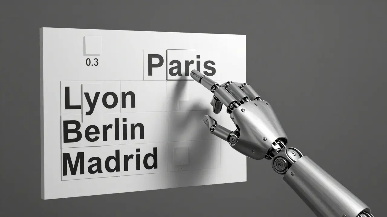 A mechanical hand selecting from word fragments with a dial labeled '0.3' emphasizing precise sampling.