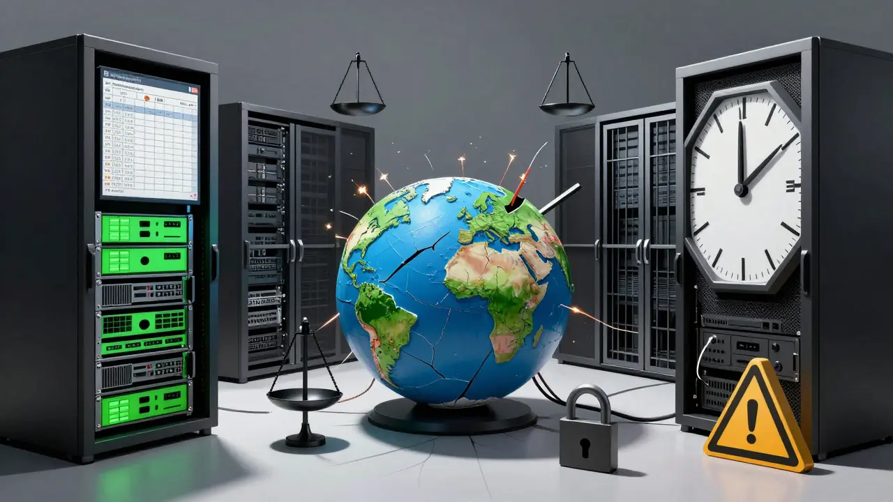 A server room fractured into regional data infrastructure segments, with severed wires and legal symbols cast in shadow.