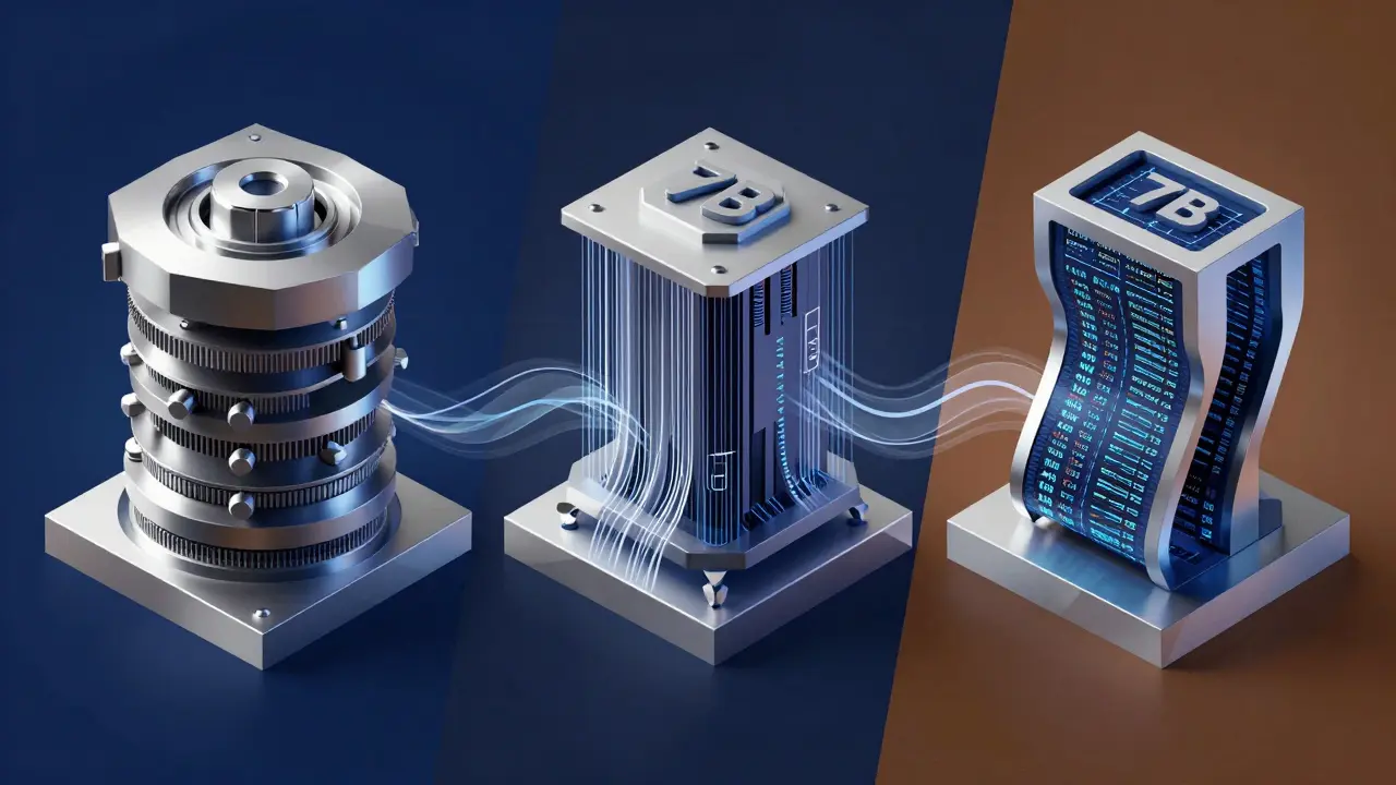 A single GPU broken into geometric facets showing different stages of model training and inference.