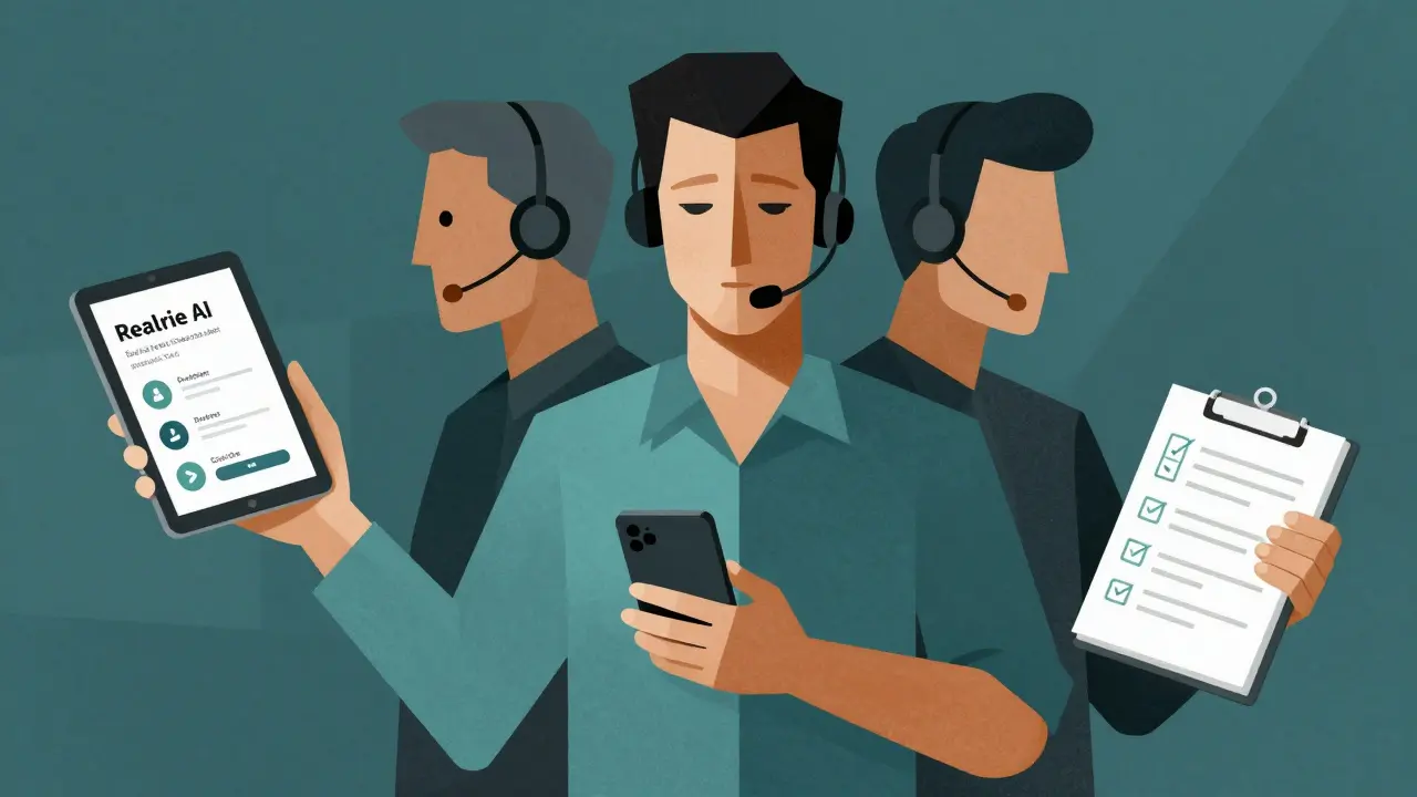 Agent with multiple faces and tools, representing AI-assisted customer service and improved satisfaction.