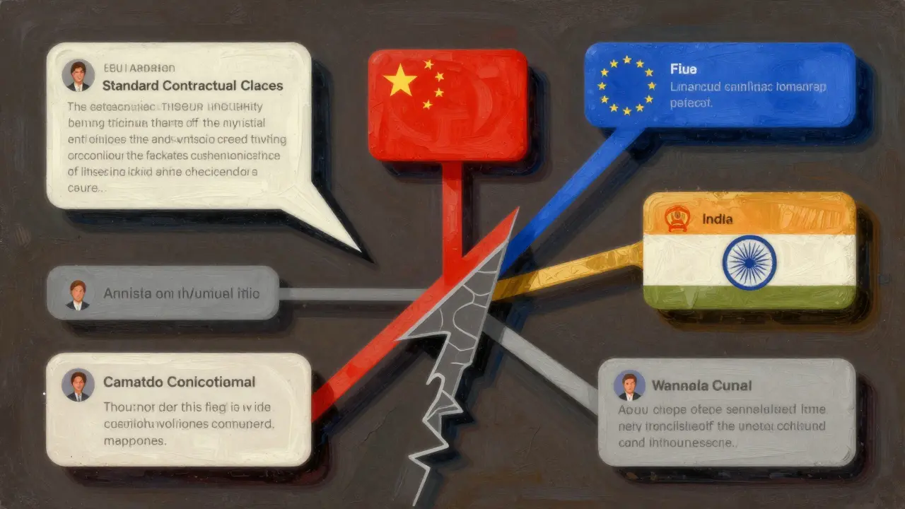 An AI interface deconstructed into overlapping legal and regional compliance planes in abstract geometric forms.