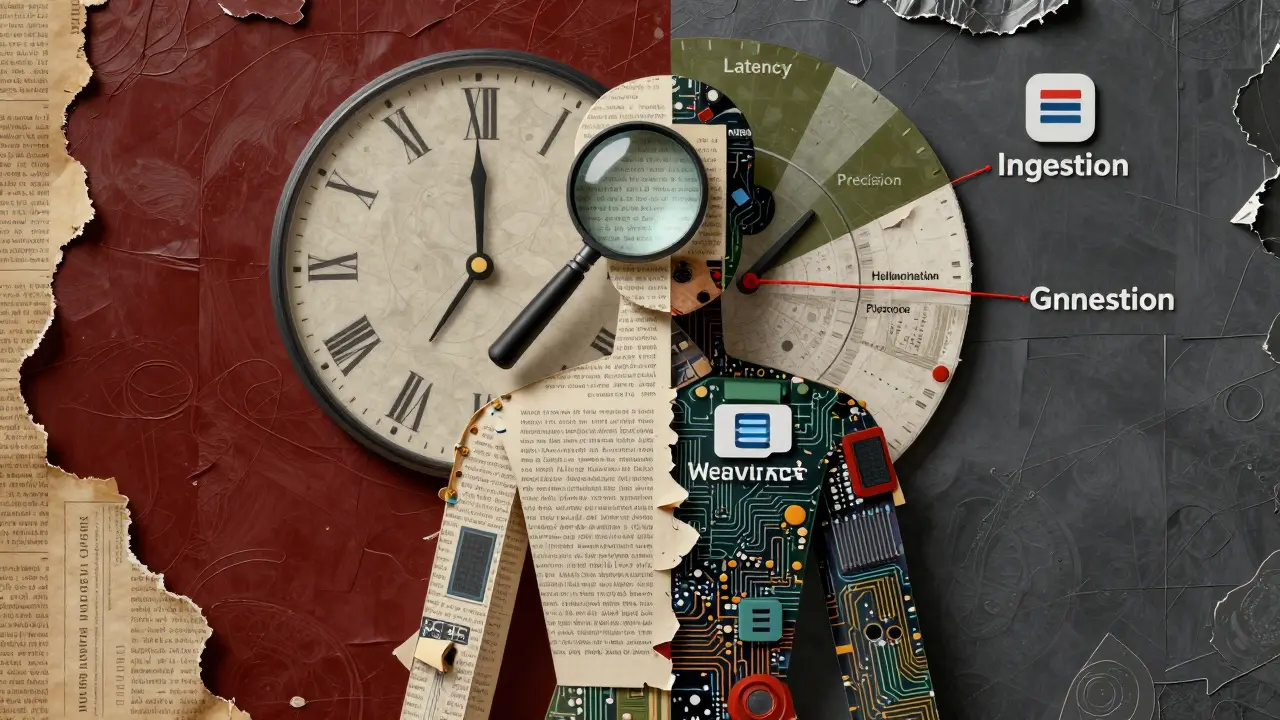 Collage-style AI agent made of manuals and databases, with labeled clock segments.