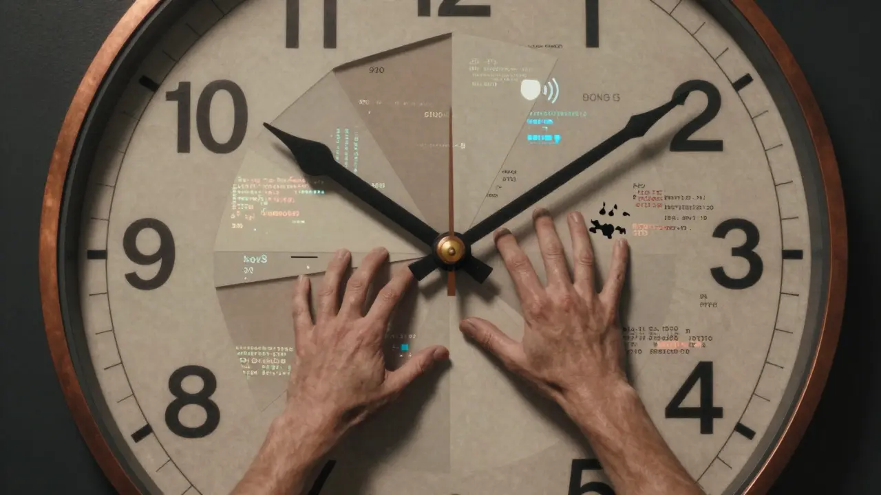 Deconstructed clock showing shrinking patch windows amid floating code vulnerabilities.